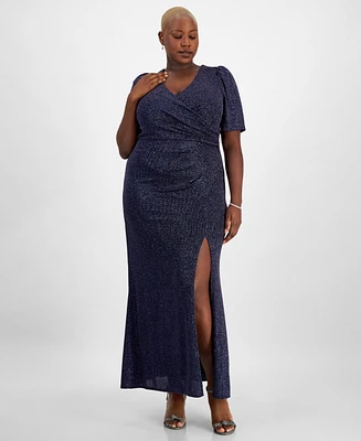 Alex Evenings Plus Metallic-Knit Surplice-Neck Gown