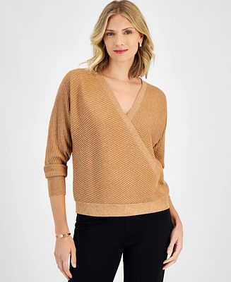 Jm Collection Women's Faux-Wrap Long-Sleeve Sparkle Sweater