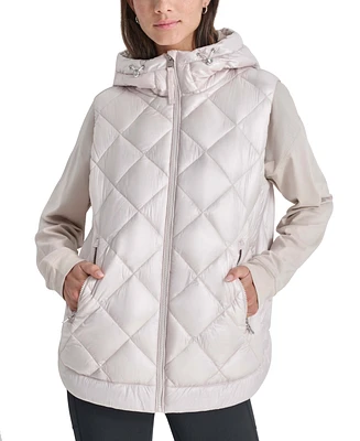 Dkny Women's Quilted Curved Hem Puffer Vest with Pop Mesh Lining