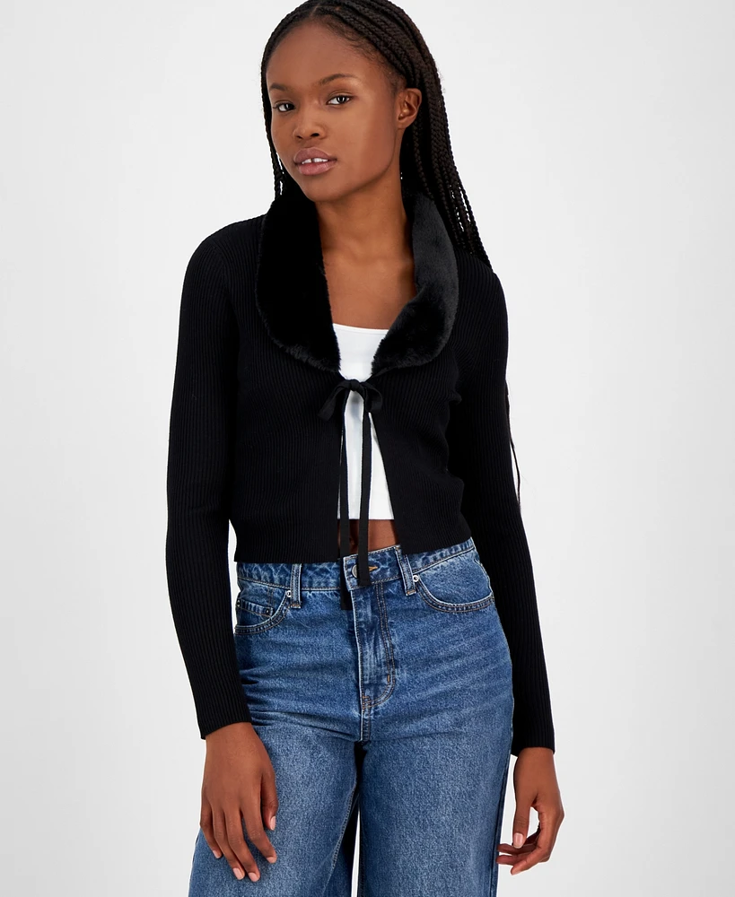 Ultra Flirt Juniors' Faux-Fur Tie-Front Cardigan