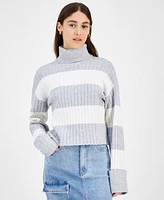 Ultra Flirt Juniors' Stripe Cuffed Sleeve Turtleneck Sweater