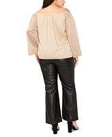 Vince Camuto Plus Size Off-The-Shoulder Tie-Hem Bubble-Sleeve Metallic Blouse