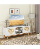 Sugift Mid Century Modern Tv Stand Entertainment Center for 55-Inch Tv with 2 Drawers and Bamboo Woven Fronts