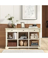 Costway 58" Long Sofa Table with Storage Retro Console Table with 3 Drawers & Open Shelves