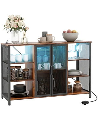 Homcom Led Wine Cabinet with Charging Station Glass Holders, Rustic Brown