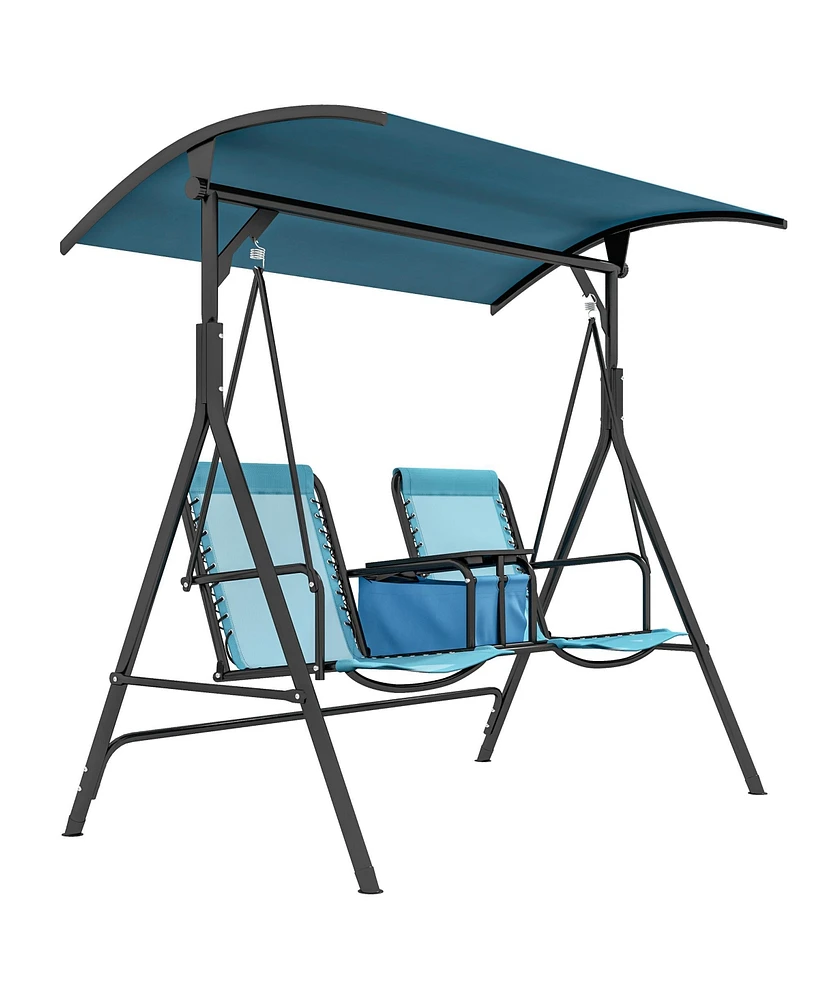 Outsunny 2 Person Porch Swing with Canopy, Storage Table, Cup Holder, Blue