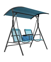 Outsunny 2 Person Porch Swing with Canopy, Storage Table, Cup Holder, Blue