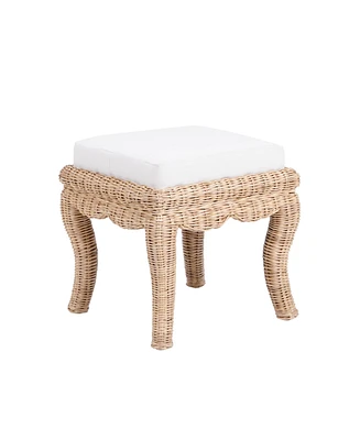 Jonathan Y Rowan 19.7" Bohemian Designer Woven Rattan/Wood Vanity Stool, White Cushion with Natural Frame