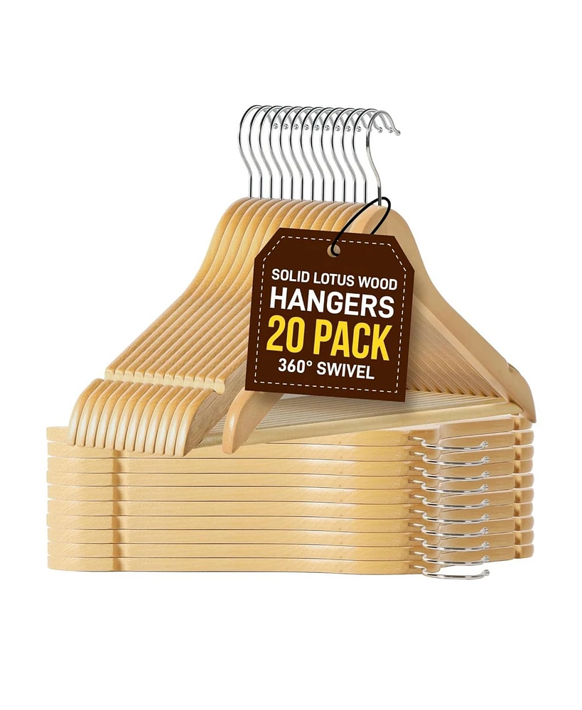 Bakken Swiss Lifemaster Tough Long Lasting Solid Maple Wooden Clothes Hangers - Pack of 20 Natural Wood Hangers with Rotating Swivel Hooks and Built