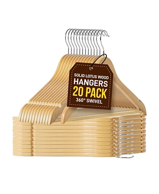 Bakken Swiss Lifemaster Tough Long Lasting Solid Maple Wooden Clothes Hangers - Pack of 20 Natural Wood Hangers with Rotating Swivel Hooks and Built