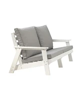 Loveseat with Cushion, Wood Grain Outdoor Garden Sofa, White/Grey