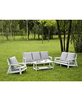 Loveseat with Cushion, Wood Grain Outdoor Garden Sofa, White/Grey