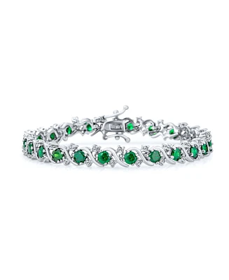 Bling Jewelry Fancy Prong Set Solitaire Round Cubic Zirconia Green Cz Wave Tennis Bracelet For Women Prom 7 Inch