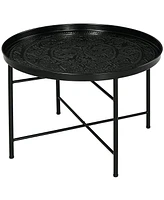 Homcom 24" Round Coffee Table with Hammered Tray Top & Metal Frame, Pewter