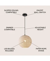 Jonathan Y Lacey 12" 1-Light Bohemian Minimalist Iron/Rope Woven Globe Led Pendant, White/Black