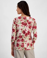 Jm Collection Petite Rosette-Bloom 3/4-Sleeve Jacquard Top, Created for Macy's