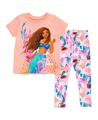 Disney Toddler Girls Princess Frozen Moana Mermaid Floral T-Shirt & Leggings Outfit Set to (2T