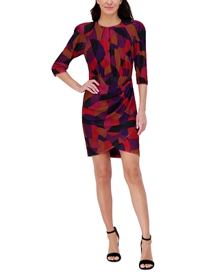 Vince Camuto Petite Printed Pleat-Neck 3/4-Sleeve Dress