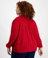 Tommy Hilfiger Plus Size Clip-Dot Tie-Neck Smocked-Yoke Top