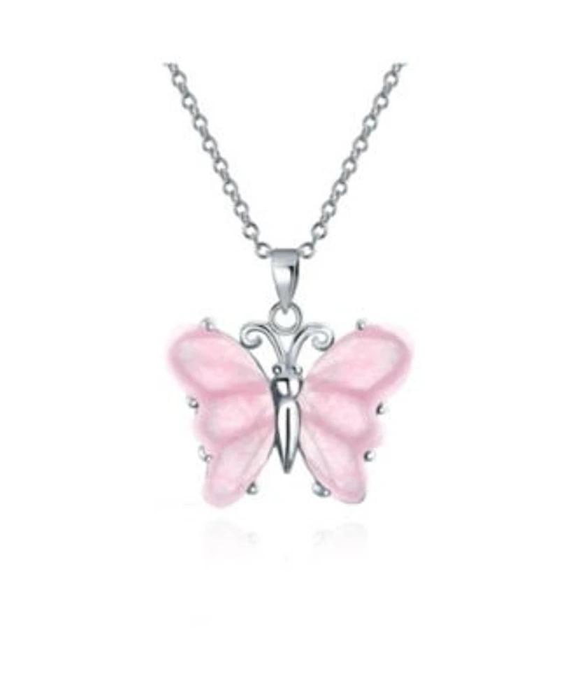 Bling Jewelry Handcrafted Carved Light Pink Natural Rose Quartz Translucent Garden Butterfly Pendant Necklace For Women Sterling Silver With Chain