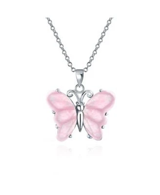 Bling Jewelry Handcrafted Carved Light Pink Natural Rose Quartz Translucent Garden Butterfly Pendant Necklace For Women Sterling Silver With Chain