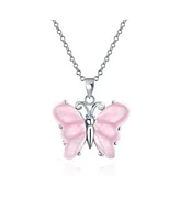 Bling Jewelry Handcrafted Carved Light Pink Natural Rose Quartz Translucent Garden Butterfly Pendant Necklace For Women Sterling Silver With Chain