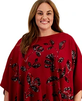 Anne Klein Plus Floral Sequined Poncho Sweater