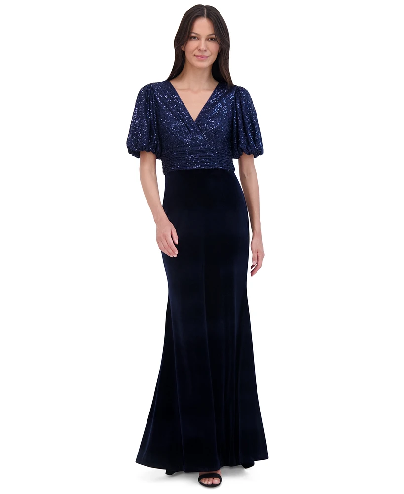 Eliza J Women's Sequined Velvet Puff-Sleeve Gown