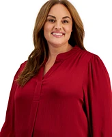 Anne Klein Plus Size Pleat-Front Long-Sleeve Top