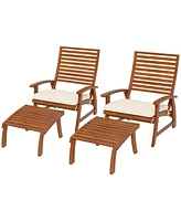 Outsunny 2 Patio Chairs w/ Ottomans & Cushions, Acacia Wood, White