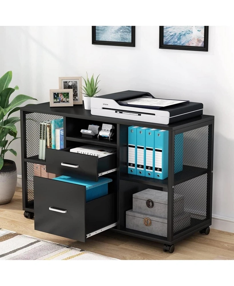 Tribesigns 2 Drawer Wood File Cabinet, Mobile Lateral Filing Cabinet, Modern Storage Cabinets Printer Stand with Open Storage Shelves, Letter Size