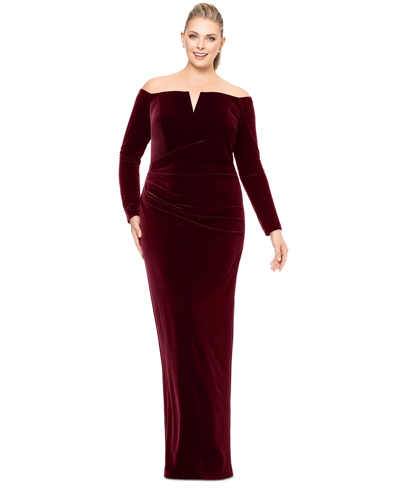 Xscape Plus Size Velvet Notch-Neck Off-The-Shoulder Gown