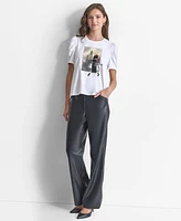 Dkny Women's Crewneck Fashion-Graphic Puff-Sleeve Top