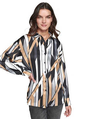 Karl Lagerfeld Paris Women's Oversized Geo-Printed Satin Button-Front Top