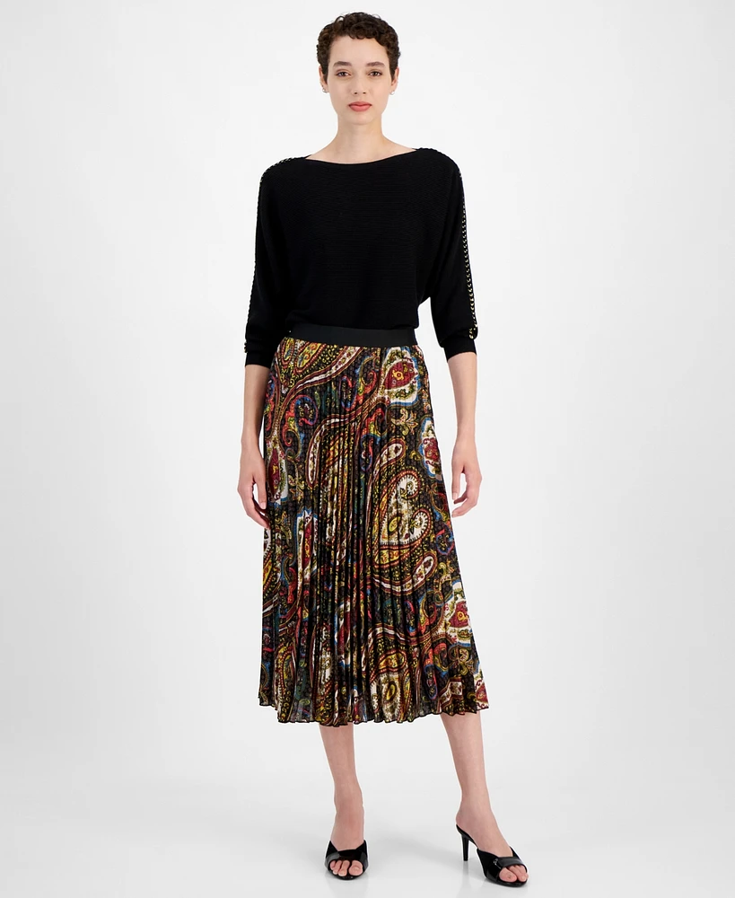 T Tahari Women's Printed Pull-On Pleated Midi Skirt