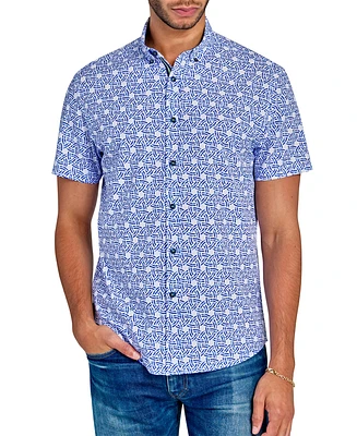 Society of Threads Men's Geometric Print Short Sleeve Button-Front Performance Shirt