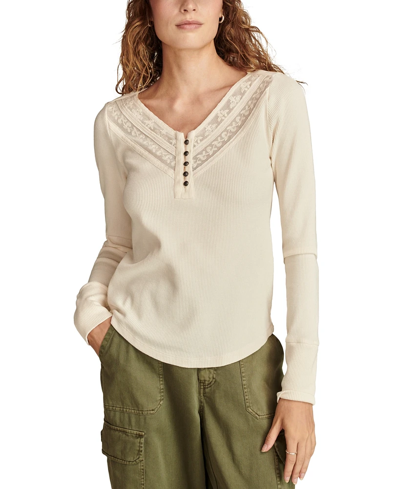 Lucky Brand Women's Embroidered Mesh Henley Top