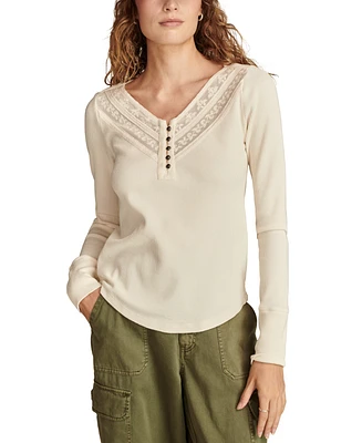 Lucky Brand Women's Embroidered Mesh Henley Top