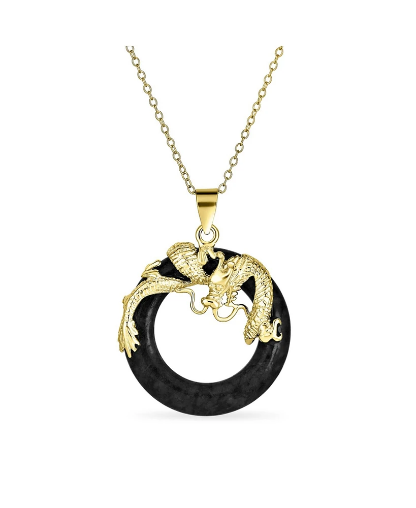 Bling Jewelry Round Open Circle Disc Black Onyx Dragon Pendant Necklace For Women Gold Plated Sterling Silver