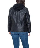 Sebby Collection Plus Garment Dyed Faux Leather Zip Front Jacket With Detachable Sweater Knit Hood