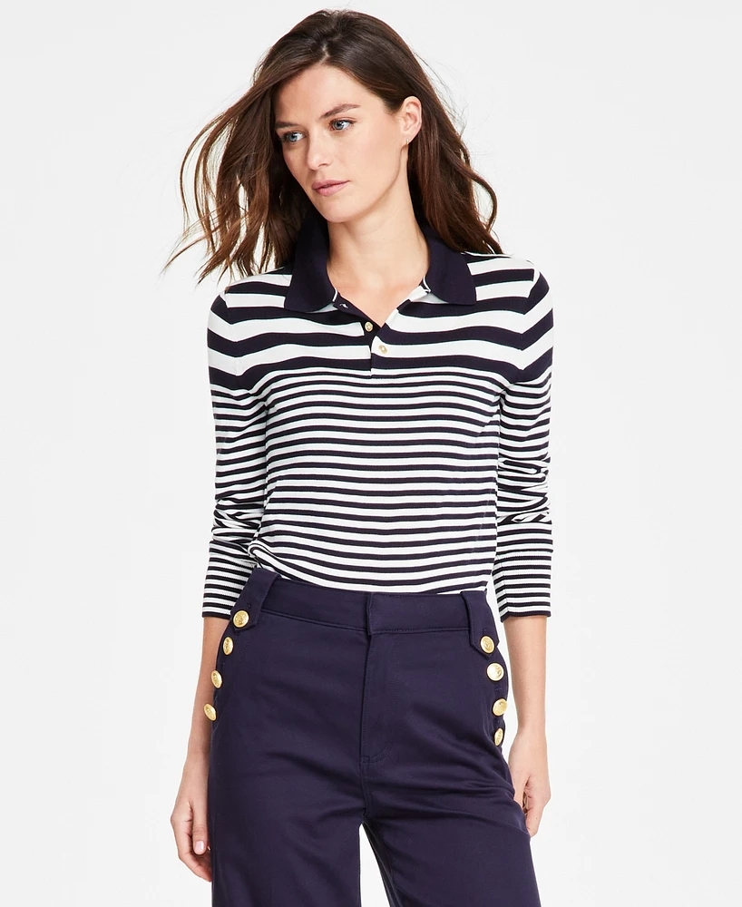 Nautica Jeans Women's Striped Long-Sleeve Polo Sweater