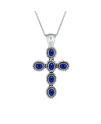 Bling Jewelry South Western Style Blue Natural Lapis Lazuli Rope Bezel Set Cross Pendant Sterling Silver Necklace 18 Chain 1.5