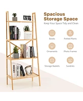 Gymax 4-Tier Bamboo Ladder Bookshelf 58'' Display Shelf Storage Rack Plant Flower Stand