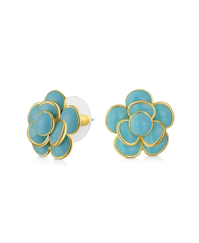 Bling Jewelry Simulated Turquoise Blue Enamel Button Style 3D Rose Flower Spring Retro Stud Earrings For Women Pierced Ears Gold Plated Brass