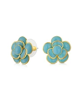 Bling Jewelry Simulated Turquoise Blue Enamel Button Style 3D Rose Flower Spring Retro Stud Earrings For Women Pierced Ears Gold Plated Brass