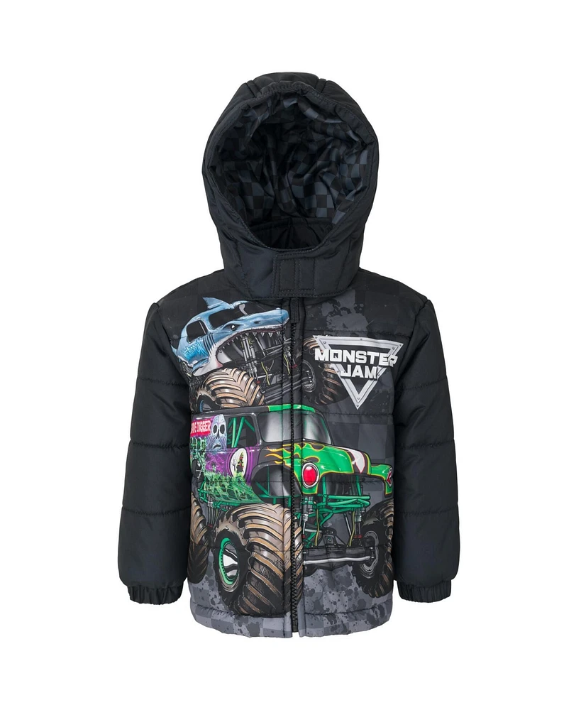 Monster Jam Boys Zip Up Puffer Jacket to Grave Digger El Toro Loco Megalodon