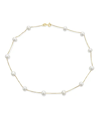 Bling Jewelry Tin Cup White Freshwater Cultured 7MM Pearl Chain Station Pearls Necklace For Women Yellow Gold Plated .925 Sterling Silver