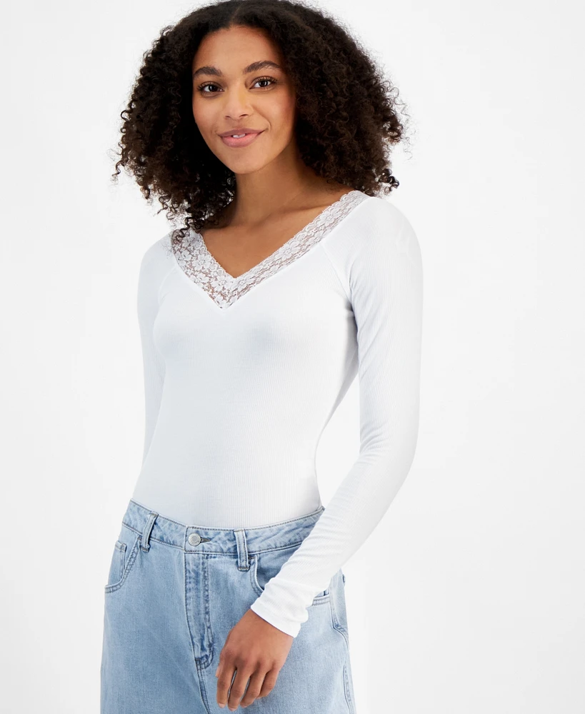 Self Esteem Juniors' Lace-Trim Ribbed Long-Sleeve Bodysuit