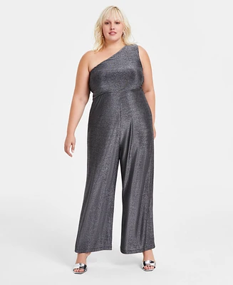 Bar Iii Trendy Plus Metallic Jersey One-Shoulder Jumpsuit, Created for Macy's