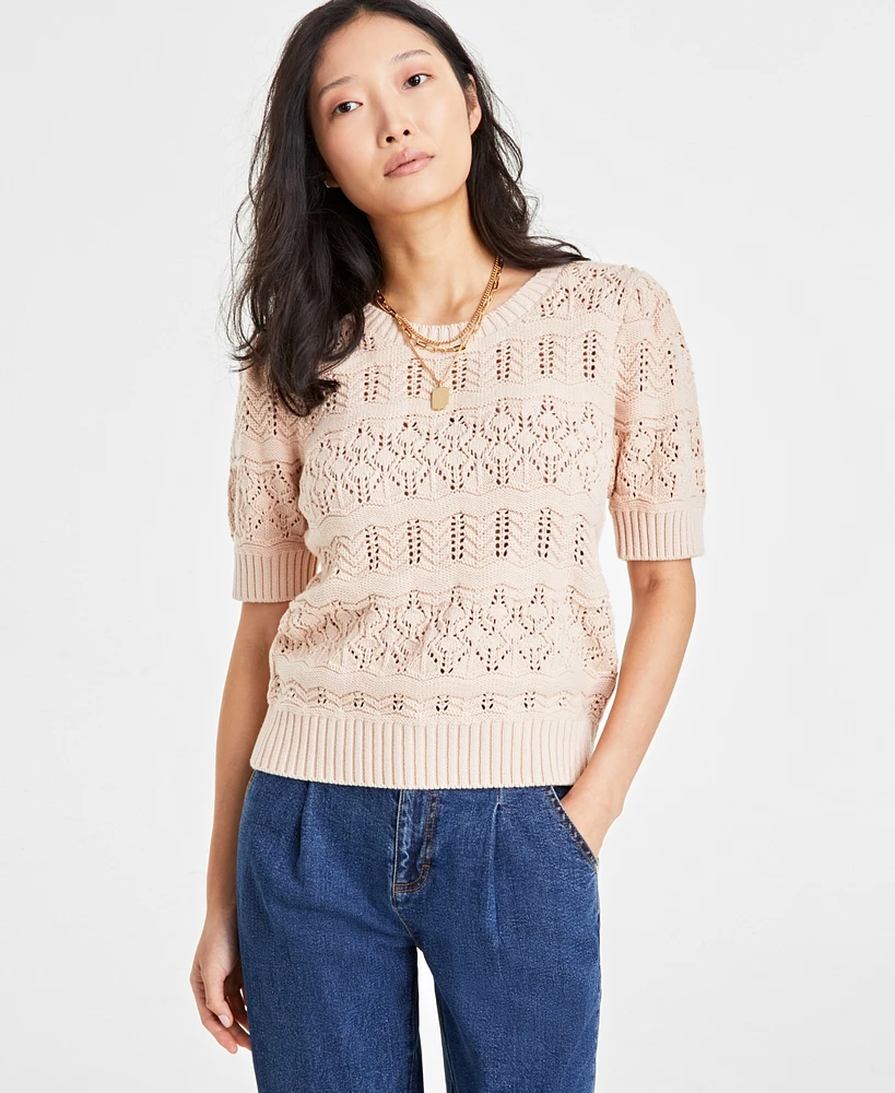 On 34th Women's Pointelle-Knit Short-Sleeve Sweater, Created for Macy's